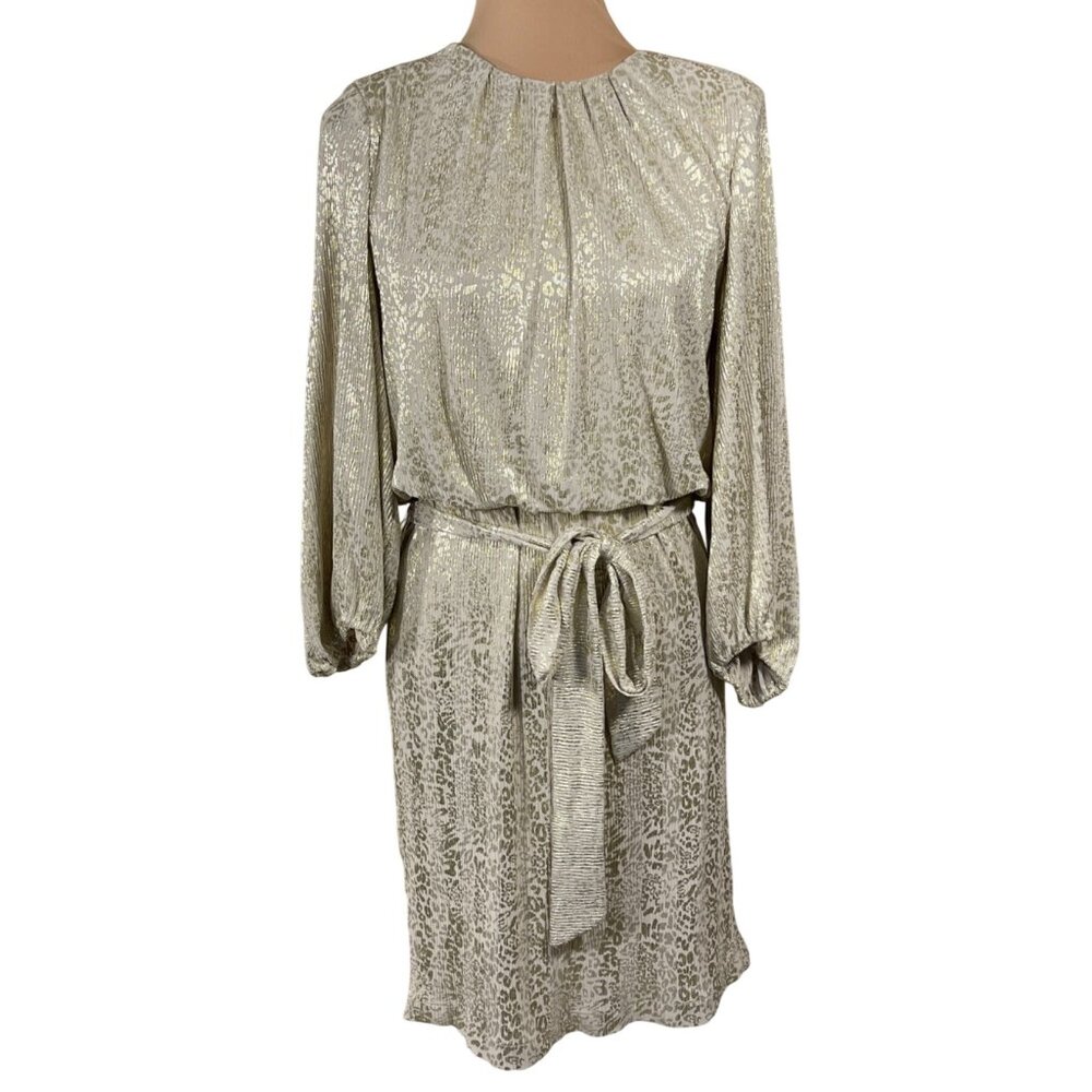 Esqualo Foil Blouson Mini Dress Gold Silver Size 6 Pleats Long Sleeve Animal Pri